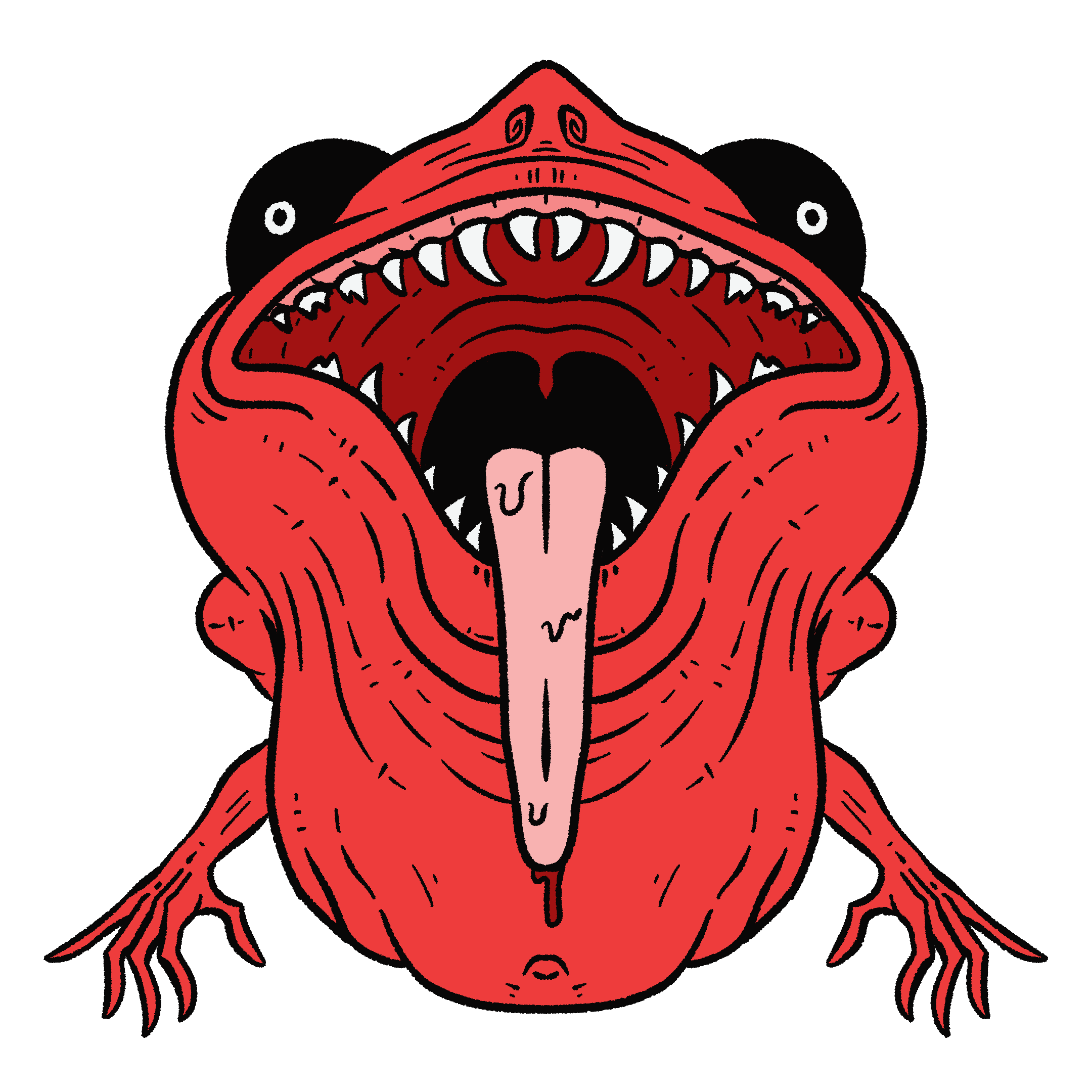 A black-eyed red creature that floats in the air. It's large mouth lolls open as its lengthy tongue hands out, blood dripping from its end.